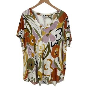 Rachel Zoe Floral Print Linen V-Neck Relaxed Fit Top Plus‎ Size 2X Short Sleeve